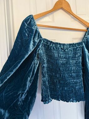 Anthropologie Smocked Velvet Top - Teal Blue